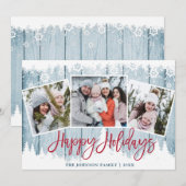 Retro Kerst Rustiek Blauw Hout 3 FOTO Groet Feestdagenkaart (Voorkant / Achterkant)