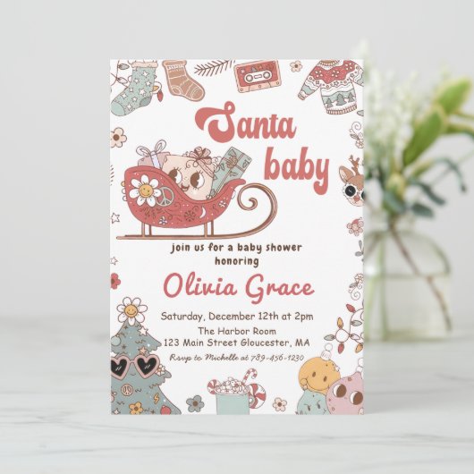 Retro Kerst Santa Baby shower Uitnodiging (Staand voorkant)