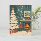 Retro Kerst Scene Haard Kind Feestdagenkaart (Staand voorkant)