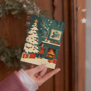 Retro Kerst Scene Haard Kind Feestdagenkaart