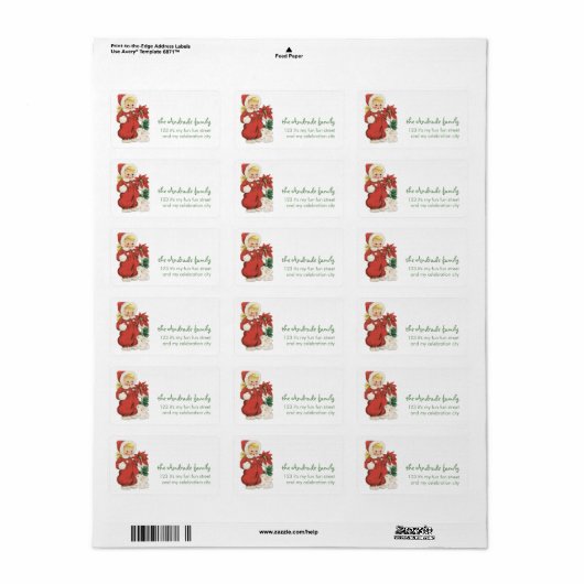Retro Kerst Schattige Blond Meisje Rood Poinsettia Etiket (Full Sheet)