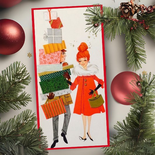 Retro Kerst Shopping Couple Custom Feestdagenkaart