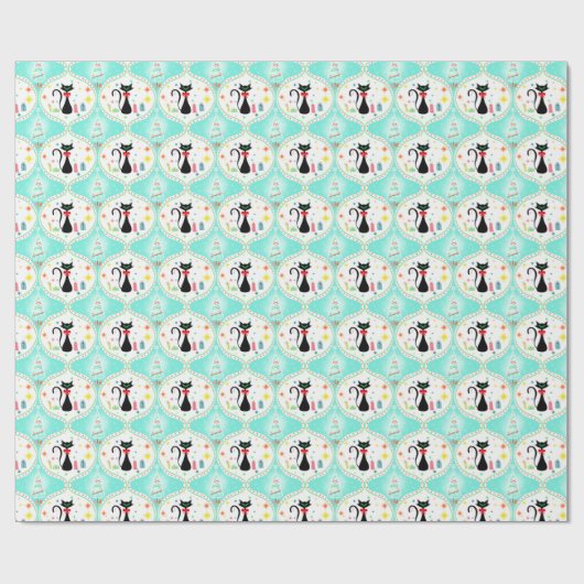 Retro kerst Siamese Cat Ogee Pattern Cadeaupapier (Vlak)