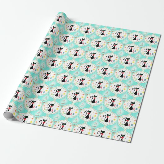 Retro kerst Siamese Cat Ogee Pattern Cadeaupapier (Uitgerold)