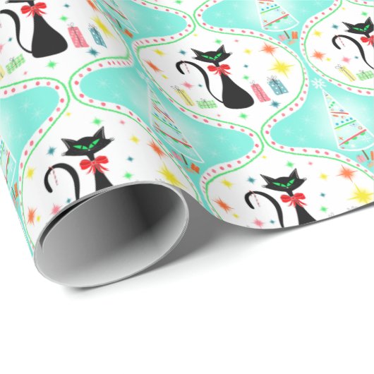 Retro kerst Siamese Cat Ogee Pattern Cadeaupapier (Rol Hoek)