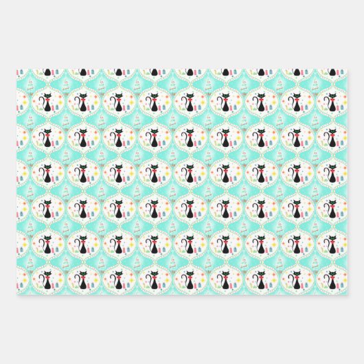 Retro kerst Siamese Cat Ogee Pattern Inpakpapier Vel (Voorkant)