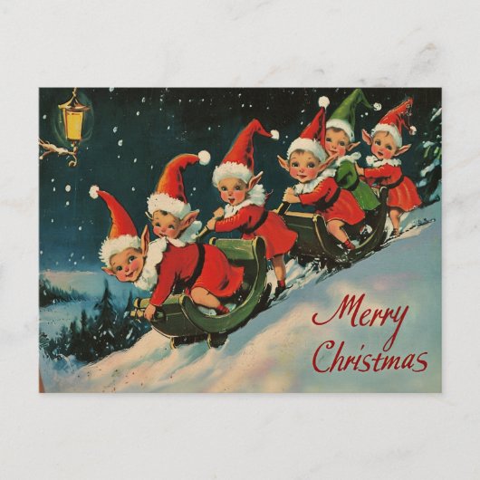  Retro Kerst: Sleedelven Feestdagenkaart (Voorkant)