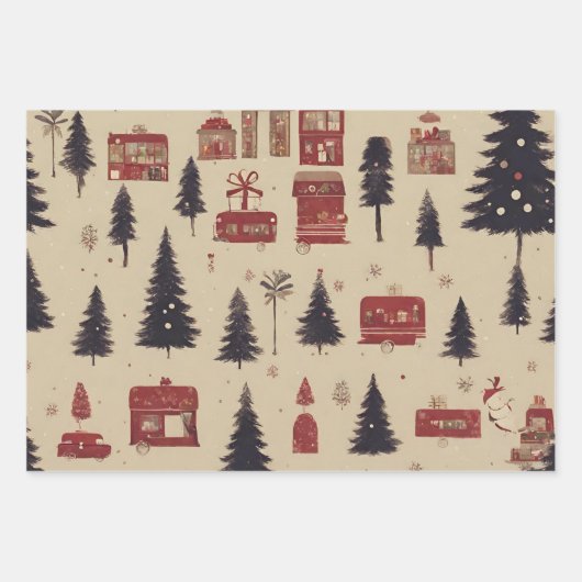 Retro Kerst Stad Illustratie Inpakpapier Vel (Voorkant)