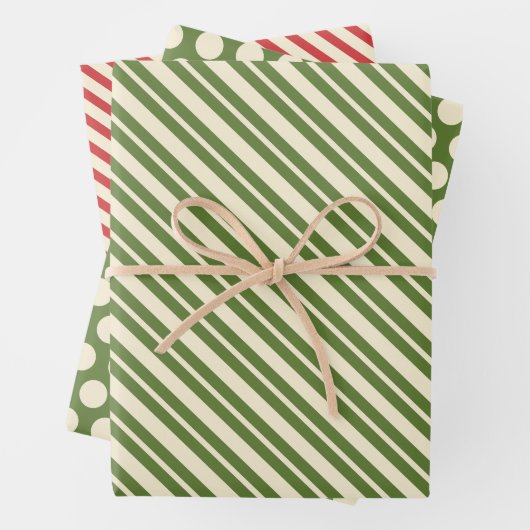 Retro Kerst Stippen en Strepen Olijf Groen & Rood Inpakpapier Vel (In situ)