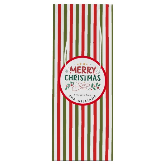 Retro Kerst Streep Patroon Aangepaste Kerst Wijn Cadeautas (Voorkant)