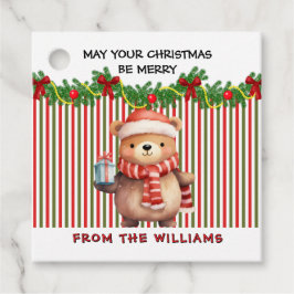 Retro Kerst Streeppatroon & Teddibeer Aangepast Bedankjes Labels