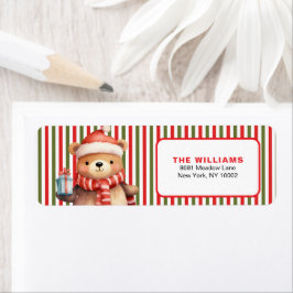 Retro Kerst Streeppatroon & Teddybeer Aangepast Etiket
