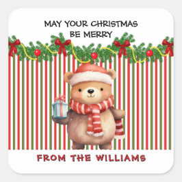 Retro Kerst Streeppatroon & Teddybeer Aangepast Vierkante Sticker