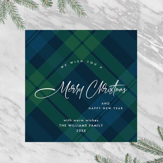 Retro Kerst Tartan Groen Blauw Plaid Groet Feestdagenkaart