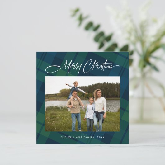 Retro Kerst Tartan Plaid Foto Groet Feestdagenkaart (Staand voorkant)