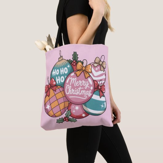 Retro Kerst Trendy Ho Ho Disco Ball Tote Bag (Dichtbij)