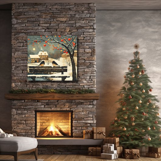 Retro Kerst Village Parkbank Vogels Cottage Poster