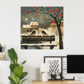 Retro Kerst Village Parkbank Vogels Cottage Poster (Thuiskantoor)