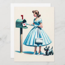 Retro Kerst Vrouw Met Scotty Hond Mailbox