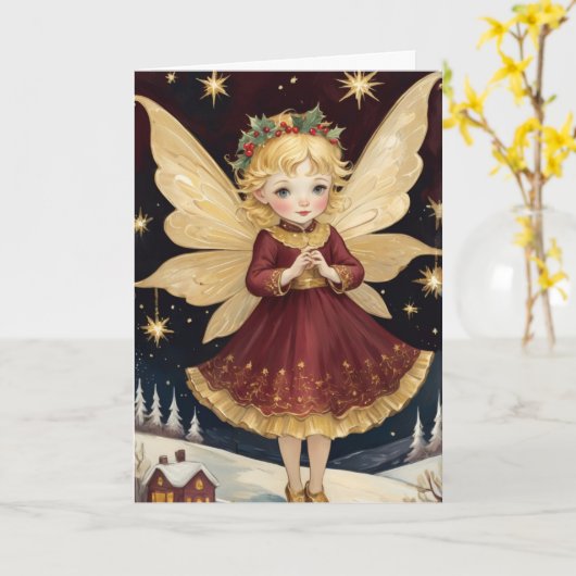 Retro Kerst Winter Fairy Custom Text Kaart (Gele Bloem)