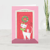 Retro Kerst Witte Kat en Muis Vakantie Kaart (Voorkant)