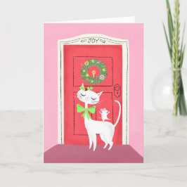 Retro Kerst Witte Kat en Muis Vakantie Kaart