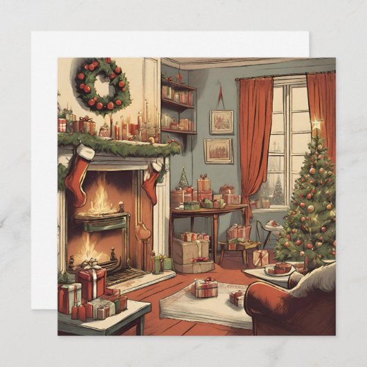Retro Kerst Woonkamer met Kerstboom Feestdagenkaart (Voorkant / Achterkant)