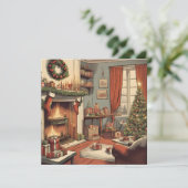 Retro Kerst Woonkamer met Kerstboom Feestdagenkaart (Staand voorkant)