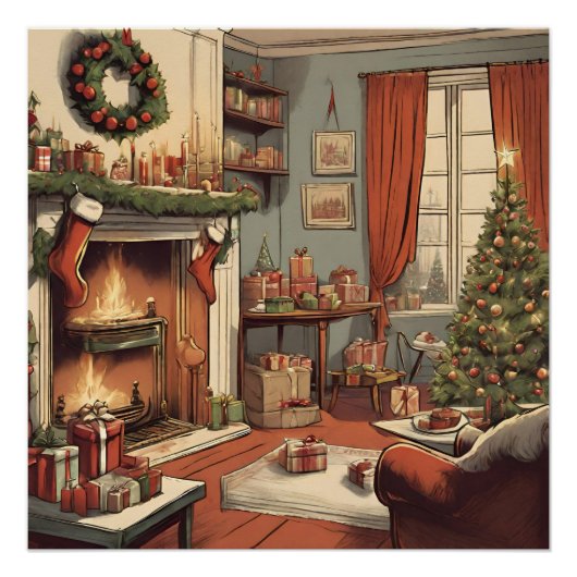 Retro Kerst Woonkamer met Kerstboom Perfect Poster (Voorkant)
