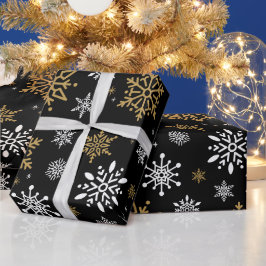 Retro Kerst Zwart en Gol Sneeuwvlokken  Cadeaupapier