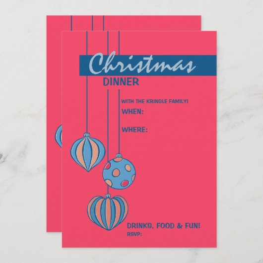 Retro Kerstbal rode diner Uitnodiging (Voorkant / Achterkant)