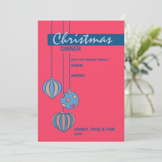 Retro Kerstbal rode diner Uitnodiging (Staand voorkant)