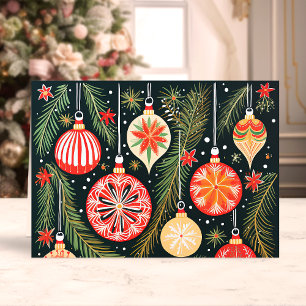 Retro Kerstballen en Dennen Takken Feestdagen Kaart