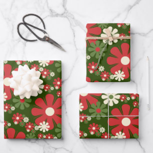 Retro kerstbloemen 60-70 jaar esthetische bloemen inpakpapier vel
