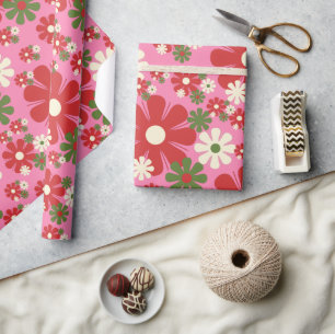 Retro kerstbloemen, 60s, 70s Floral op Roze Cadeaupapier