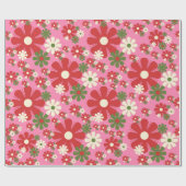 Retro kerstbloemen, 60s, 70s Floral op Roze Cadeaupapier (Vlak)