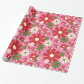 Retro kerstbloemen, 60s, 70s Floral op Roze Cadeaupapier (Uitgerold)