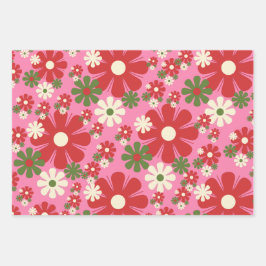 Retro kerstbloemen, 60s, 70s Floral op Roze Inpakpapier Vel