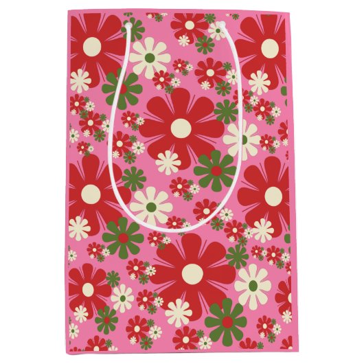 Retro kerstbloemen, 60s, 70s Floral op Roze Medium Cadeauzakje (Voorkant)