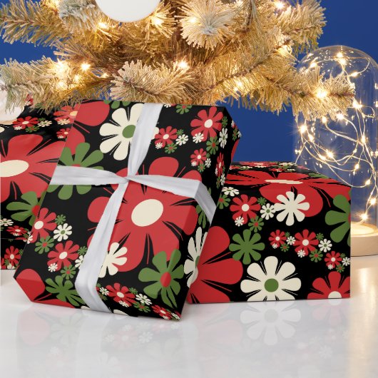 Retro kerstbloemen 60s 70s Floral op zwart Cadeaupapier (Feestdagen)