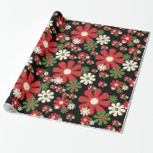 Retro kerstbloemen 60s 70s Floral op zwart Cadeaupapier (Uitgerold)