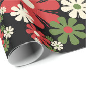 Retro kerstbloemen 60s 70s Floral op zwart Cadeaupapier (Rol Hoek)