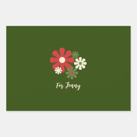 Retro kerstbloemen, 60s 70s Florals met naam Inpakpapier Vel (Voorkant 2)