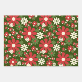 Retro kerstbloemen, 60s 70s Florals met naam Inpakpapier Vel