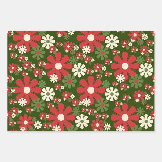 Retro kerstbloemen, 60s 70s Florals met naam Inpakpapier Vel