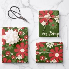 Retro kerstbloemen, 60s 70s Florals met naam Inpakpapier Vel