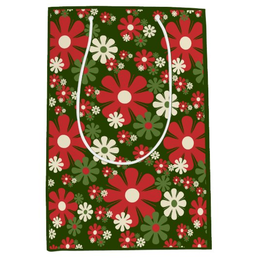 Retro kerstbloemen 60s Floral Pattern 70s Medium Cadeauzakje (Voorkant)