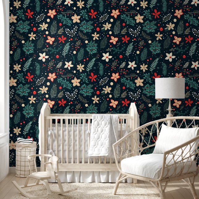 Retro Kerstbloemen Behang (Kinderen)
