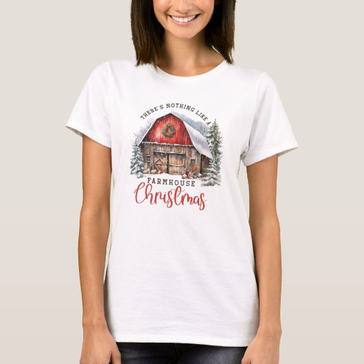 Retro Kerstboerderij rode schuur gezellige winter T-shirt (Voorkant)
