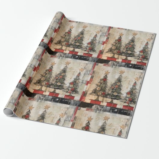 Retro kerstbomen  cadeaupapier (Uitgerold)